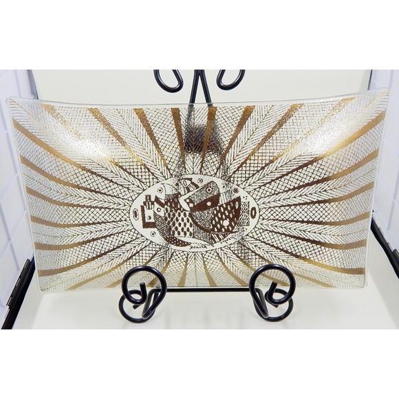 Georges Briard Glass Gold Abstract Bird Dove Herringbone Plate Tray 11 Inch - Picture 2 of 12